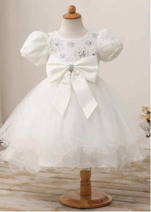 Puff Sleeves Beaded Ivory Lace Tulle Flower Girl Dress